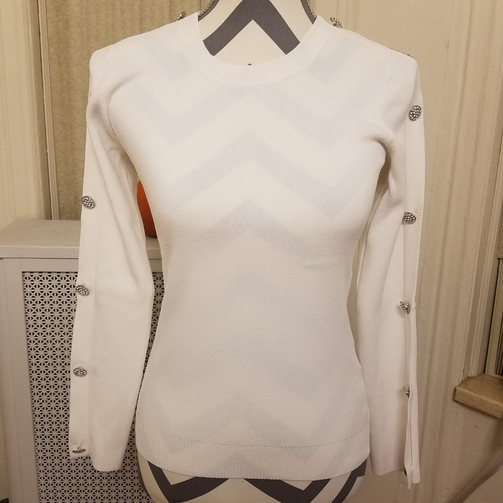 INC white rhinestone button sleeve sweater